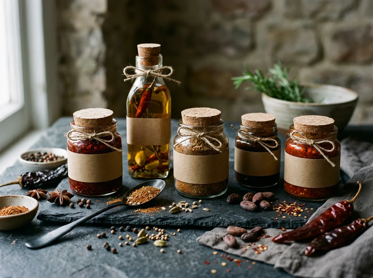 Bocaux de condiments, épices et huiles infusées de l'épicerie fine AWASE